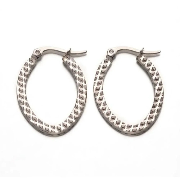 Surgical Stainless Steel Art Deco Carved Diamond Pattern Silver Hoop Earrings - Picture 1 of 2
